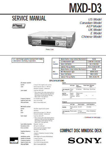 SONY MXD-D3 CD MINIDISC DECK SERVICE MANUAL INC PCBS SCHEM DIAGS AND PARTS LIST 88 PAGES ENG