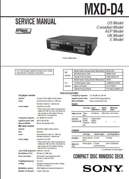 SONY MXD-D4 CD MINIDISC DECK SERVICE MANUAL INC BLK DIAGS PCBS SCHEM DIAGS AND PARTS LIST 94 PAGES ENG