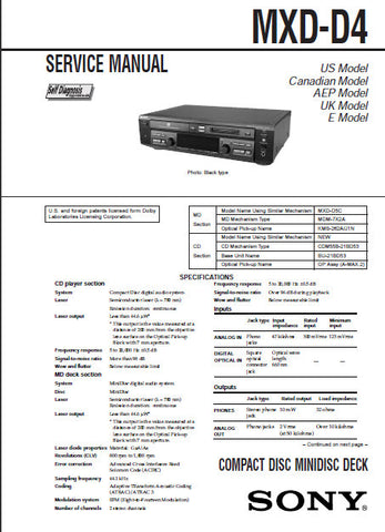 SONY MXD-D5C CD MINIDISC DECK SERVICE MANUAL INC BLK DIAGS PCBS SCHEM DIAGS AND PARTS LIST 106 PAGES ENG