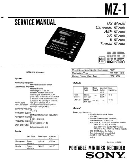 SONY MZ-1 PORTABLE MINIDISC RECORDER SERVICE MANUAL INC OPERATING INSTRUCTIONS SERVICE MANUAL SUPPLEMENT BLK DIAGS PCBS SCHEM DIAGS AND PARTS LIST 95 PAGES ENG