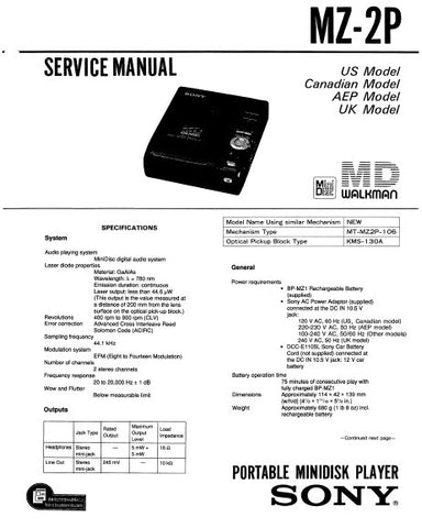 SONY MZ-2P PORTABLE MINIDISC PLAYER SERVICE MANUAL INC PCBS SCHEM DIAGS AND PARTS LIST 73 PAGES ENG