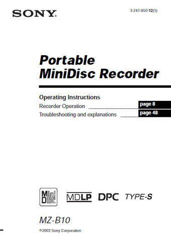 SONY MZ-B10 PORTABLE MINIDISC RECORDER OPERATING INSTRUCTIONS 60 PAGES ENG