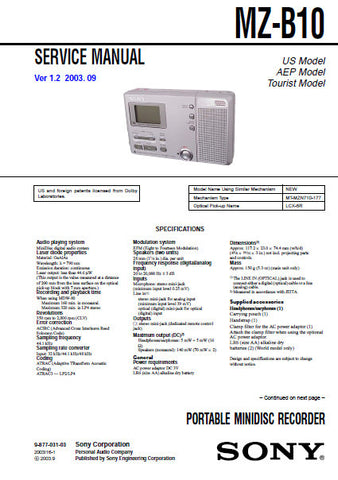 SONY MZ-B10 PORTABLE MINIDISC RECORDER SERVICE MANUAL INC BLK DIAG PCBS SCHEM DIAGS AND PARTS LIST 64 PAGES ENG