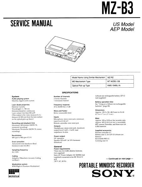 SONY MZ-B3 PORTABLE MINIDISC RECORDER SERVICE MANUAL INC BLK DIAG PCBS SCHEM DIAGS AND PARTS LIST 59 PAGES ENG