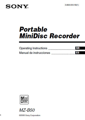 SONY MZ-B50 PORTABLE MINIDISC RECORDER OPERATING INSTRUCTIONS 92 PAGES ENG ESP