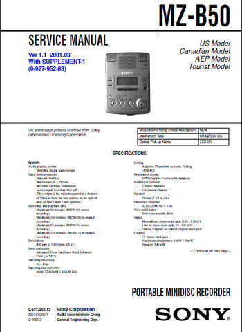 SONY MZ-B50 PORTABLE MINIDISC RECORDER SERVICE MANUAL INC BLK DIAGS PCBS SCHEM DIAGS AND PARTS LIST 72 PAGES ENG