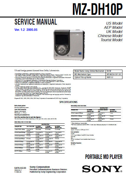 SONY MZ-DH10P PORTABLE MD PLAYER SERVICE MANUAL INC BLK DIAGS PCBS SCHEM DIAGS AND PARTS LIST 64 PAGES ENG