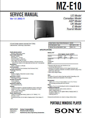 SONY MZ-E10 PORTABLE MINIDISC PLAYER SERVICE MANUAL INC BLK DIAG PCBS SCHEM DIAGS AND PARTS LIST 40 PAGES ENG