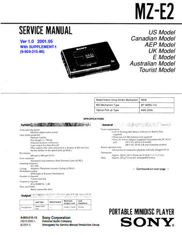 SONY MZ-E2 PORTABLE MINIDISC PLAYER SERVICE MANUAL INC BLK DIAG PCBS SCHEM DIAGS AND PARTS LIST 46 PAGES ENG