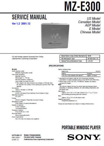 SONY MZ-E300 PORTABLE MINIDISC PLAYER SERVICE MANUAL INC BLK DIAG PCBS SCHEM DIAGS AND PARTS LIST 34 PAGES ENG