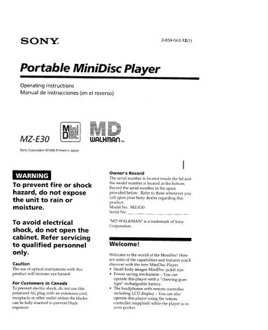 SONY MZ-E30 PORTABLE MINIDISC PLAYER OPERATING INSTRUCTIONS 15 PAGES ENG ESP
