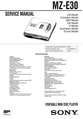 SONY MZ-E30 PORTABLE MINIDISC PLAYER SERVICE MANUAL INC BLK DIAG PCBS SCHEM DIAG AND PARTS LIST 22 PAGES ENG