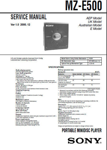 SONY MZ-E500 PORTABLE MINIDISC PLAYER SERVICE MANUAL INC BLK DIAG PCBS SCHEM DIAGS AND PARTS LIST 36 PAGES ENG