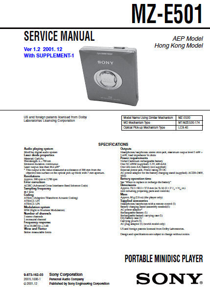 SONY MZ-E501 PORTABLE MINIDISC PLAYER SERVICE MANUAL INC BLK DIAG PCBS SCHEM DIAGS AND PARTS LIST 56 PAGES ENG