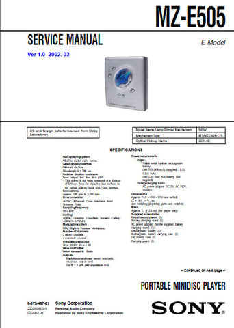 SONY MZ-E505 PORTABLE MINIDISC PLAYER SERVICE MANUAL INC BLK DIAG PCBS SCHEM DIAGS AND PARTS LIST 46 PAGES ENG