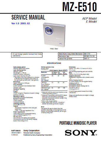 SONY MZ-E707 PORTABLE MINIDISC PLAYER SERVICE MANUAL INC BLK DIAGS PCBS SCHEM DIAGS AND PARTS LIST 32 PAGES ENG