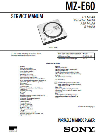 SONY MZ-E60 PORTABLE MINIDISC PLAYER SERVICE MANUAL INC BLK DIAGS PCBS SCHEM DIAGS AND PARTS LIST 32 PAGES ENG
