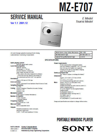 SONY MZ-E707 PORTABLE MINIDISC PLAYER SERVICE MANUAL INC BLK DIAGS PCBS SCHEM DIAGS AND PARTS LIST 32 PAGES ENG