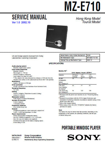 SONY MZ-E710 PORTABLE MINIDISC PLAYER SERVICE MANUAL INC BLK DIAG PCBS SCHEM DIAGS AND PARTS LIST 40 PAGES ENG