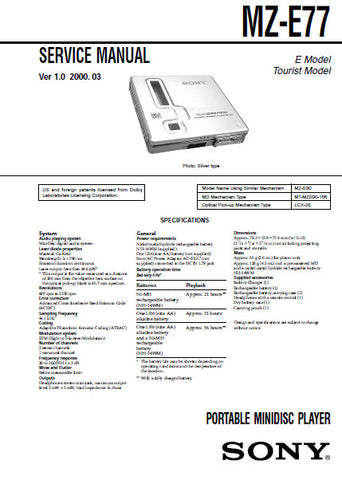 SONY MZ-E77 PORTABLE MINIDISC PLAYER SERVICE MANUAL INC BLK DIAGS PCBS SCHEM DIAGS AND PARTS LIST 47 PAGES ENG