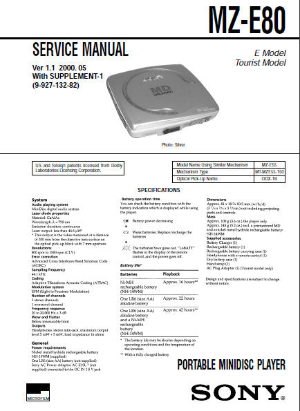 SONY MZ-E80 PORTABLE MINIDISC PLAYER SERVICE MANUAL INC BLK DIAG PCBS SCHEM DIAG AND PARTS LIST 32 PAGES ENG