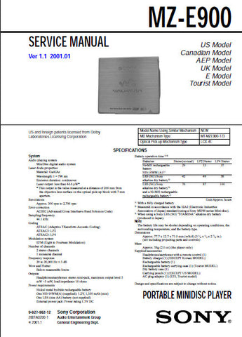 SONY MZ-E900 PORTABLE MINIDISC PLAYER SERVICE MANUAL INC BLK DIAG PCBS SCHEM DIAGS AND PARTS LIST 31 PAGES ENG