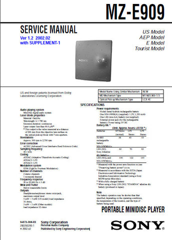 SONY MZ-E909 PORTABLE MINIDISC PLAYER SERVICE MANUAL INC BLK DIAG PCBS SCHEM DIAGS AND PARTS LIST 40 PAGES ENG