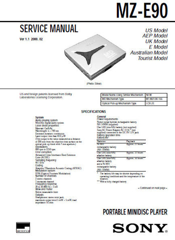 SONY MZ-E90 PORTABLE MINIDISC PLAYER SERVICE MANUAL INC BLK DIAGS PCBS SCHEM DIAGS AND PARTS LIST 42 PAGES ENG