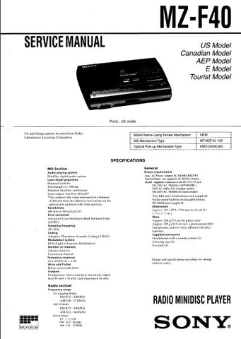 SONY MZ-F40 RADIO MINIDISC PLAYER SERVICE MANUAL INC BLK DIAG PCBS SCHEM DIAGS AND PARTS LIST 50 PAGES ENG