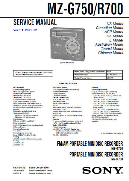 SONY MZ-G750 FM AM PORTABLE MINIDISC RECORDER MZ-R700 PORTABLE MINIDISC RECORDER SERVICE MANUAL INC BLK DIAGS PCBS SCHEM DIAGS AND PARTS LIST 56 PAGES ENG