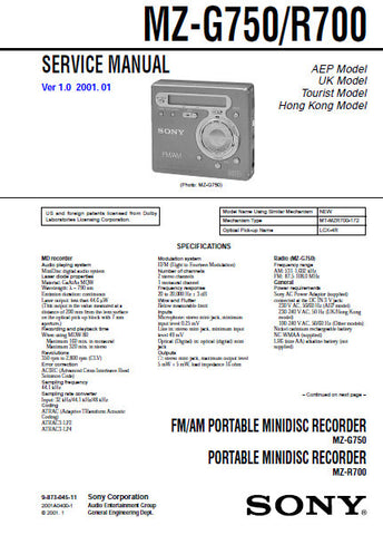 SONY MZ-G750 MZ-R700 PORTABLE MINIDISC RECORDER SERVICE MANUAL INC BLK DIAGS PCBS SCHEM DIAGS AND PARTS LIST 57 PAGES ENG