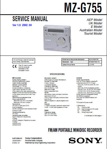 SONY MZ-G755 FM AM PORTABLE MINIDISC RECORDER SERVICE MANUAL INC BLK DIAGS PCBS SCHEM DIAGS AND PARTS LIST 52 PAGES ENG