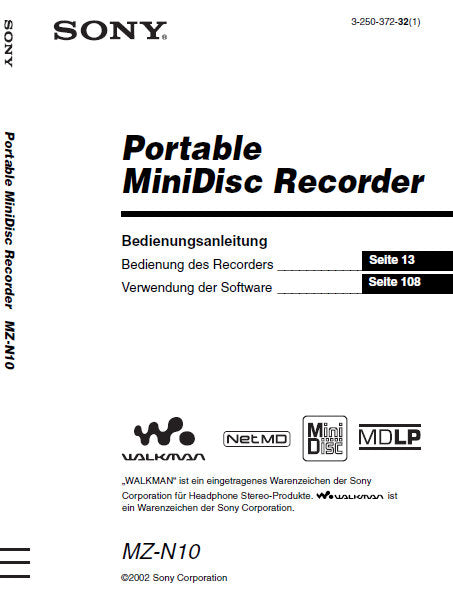 SONY MZ-N10 PORTABLE MINIDSIC RECORDER BEDIENUNGSANLEITUNG 144 SEITE DEUT