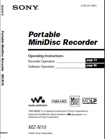 SONY MZ-N10 PORTABLE MINIDISC RECORDER OPERATING INSTRUCTIONS 136 PAGES ENG