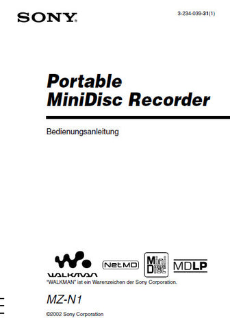 SONY MZ-N1 PORTABLE MINIDSIC RECORDER BEDIENUNGSANLEITUNG 96 SEITE DEUT
