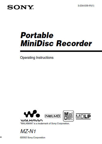 SONY MZ-N1 PORTABLE MINIDISC RECORDER OPERATING INSTRUCTIONS 96 PAGES ENG
