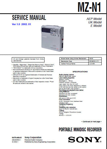 SONY MZ-N1 PORTABLE MINIDISC RECORDER SERVICE MANUAL V1.0 INC BLK DIAGS PCBS SCHEM DIAGS AND PARTS LIST 64 PAGES ENG