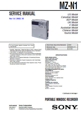 SONY MZ-N1 PORTABLE MINIDISC RECORDER SERVICE MANUAL V1.4 INC BLK DIAGS PCBS SCHEM DIAGS AND PARTS LIST 64 PAGES ENG