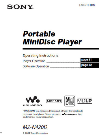SONY MZ-N420D PORTABLE MINIDISC PLAYER OPERATING INSTRUCTIONS 56 PAGES ENG