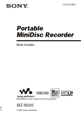 SONY MZ-N505 PORTABLE MINIDSIC RECORDER MODE D'EMPLOI 72 PAGES FRANC