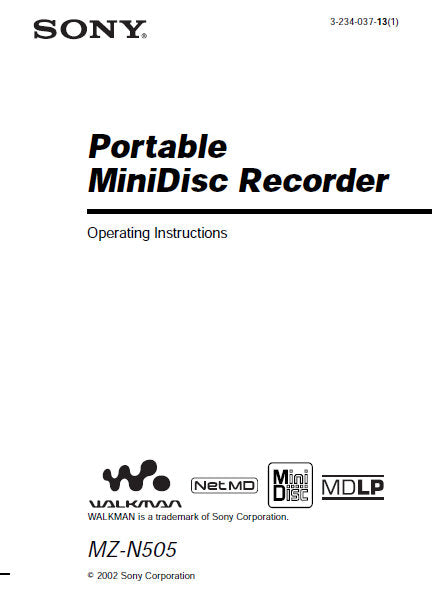 SONY MZ-N505 PORTABLE MINIDISC RECORDER OPERATING INSTRUCTIONS 72 PAGES ENG