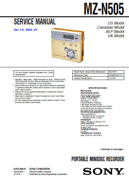 SONY MZ-N505 PORTABLE MINIDISC RECORDER SERVICE MANUAL V1.0 INC BLK DIAGS PCBS SCHEM DIAGS AND PARTS LIST 66 PAGES ENG