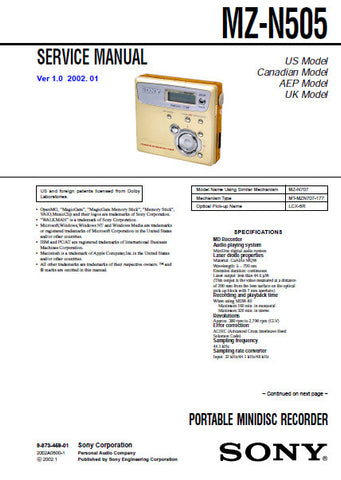 SONY MZ-N505 PORTABLE MINIDISC RECORDER SERVICE MANUAL V1.0 INC BLK DIAGS PCBS SCHEM DIAGS AND PARTS LIST 66 PAGES ENG
