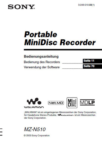 SONY MZ-N510 PORTABLE MINIDSIC RECORDER BEDIENUNGSANLEITUNG 108 SEITE DEUT