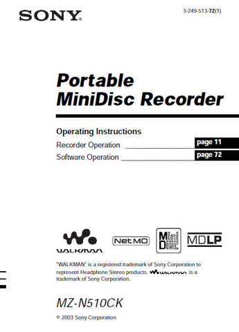 SONY MZ-N510CK PORTABLE MINIDISC RECORDER OPERATING INSTRUCTIONS 108 PAGES ENG