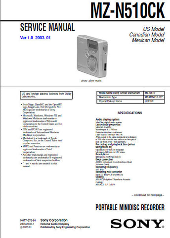 SONY MZ-N510CK PORTABLE MINIDISC RECORDER SERVICE MANUAL V1.0 INC BLK DIAG PCBS SCHEM DIAGS AND PARTS LIST 68 PAGES ENG
