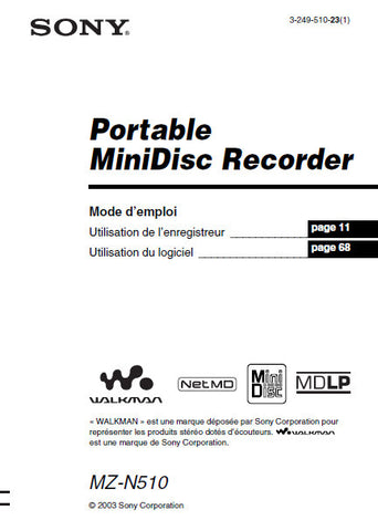 SONY MZ-N510 PORTABLE MINIDSIC RECORDER MODE D'EMPLOI 104 PAGES FRANC