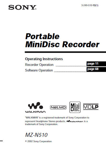 SONY MZ-N510 PORTABLE MINIDISC RECORDER OPERATING INSTRUCTIONS 104 PAGES ENG