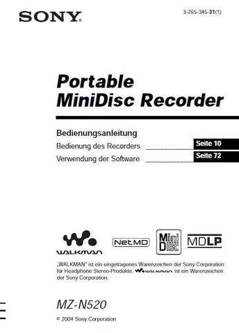 SONY MZ-N520 PORTABLE MINIDSIC RECORDER BEDIENUNGSANLEITUNG 96 SEITE DEUT