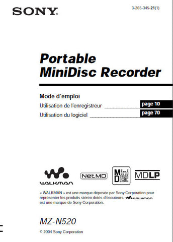 SONY MZ-N520 PORTABLE MINIDSIC RECORDER MODE D'EMPLOI 96 PAGES FRANC